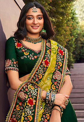 Half N Half Art Silk Saree in Light Green and Bottle Green