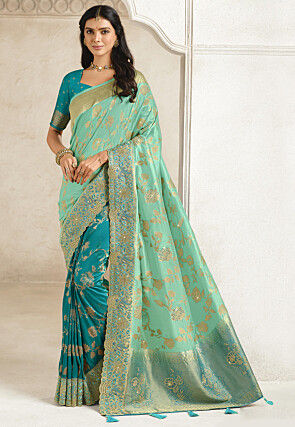 Half N Half Art Silk Saree in Light Green and Turquoise