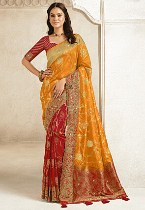 Half N Half Art Silk Saree in Light Orange and Red