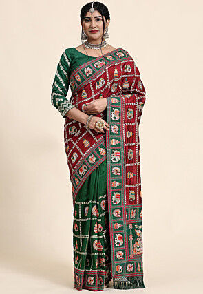Half N Half Art Silk Saree in Maroon and Green