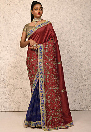 Half N Half Art Silk Saree in Maroon and Navy Blue