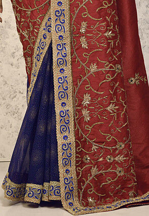 Half N Half Art Silk Saree in Maroon and Navy Blue