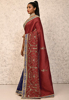 Half N Half Art Silk Saree in Maroon and Navy Blue