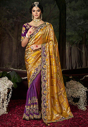 Half N Half Art Silk Scalloped Saree in Mustard and Purple