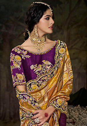 Half N Half Art Silk Scalloped Saree in Mustard and Purple