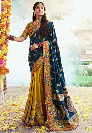Half N Half Art Silk Saree in Navy Blue and Mustard