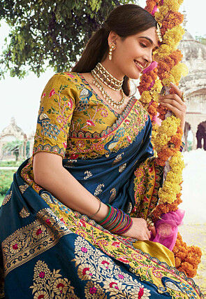 Half N Half Art Silk Saree in Navy Blue and Mustard