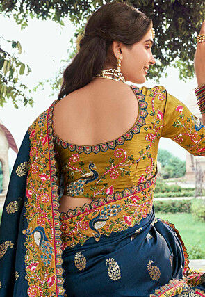 Half N Half Art Silk Saree in Navy Blue and Mustard