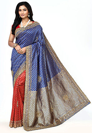 Half N Half Art Silk Saree in Navy Blue and Red