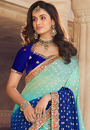 Half N Half Art Silk Saree in Navy Blue and Sky Blue