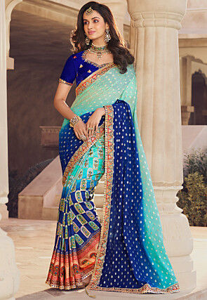 Party Wear Saree in Blue with Silver Border - Rsm Silks Online
