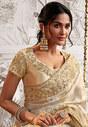 Half N Half Art Silk Saree in Off White