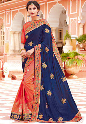 Half N Half Art Silk Saree in Orange and Navy Blue