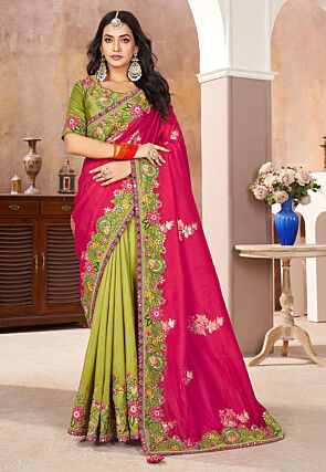 Half N Half Art Silk Saree in Pink and Light Green