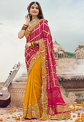 Half N Half Art Silk Saree in Pink and Mustard