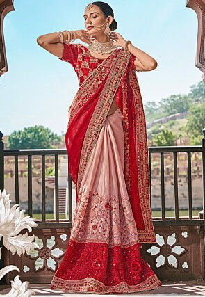 Half N Half Art Silk Saree in Pink and Red