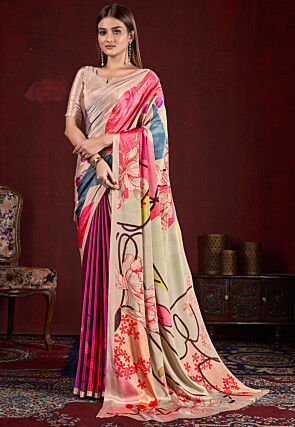 Half N Half Art Silk Saree in Purple and Beige