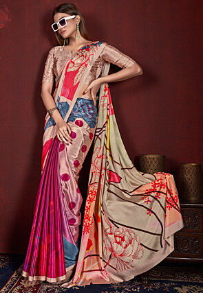 Half N Half Art Silk Saree in Purple and Beige