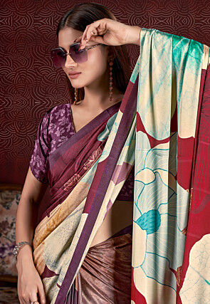 Half N Half Art Silk Saree in Purple and Multicolor