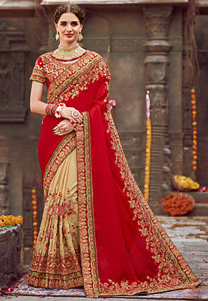 Half N Half Art Silk Saree in Red and Beige