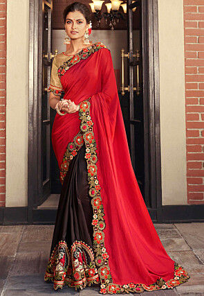 Half N Half Art Silk Saree in Red and Brown