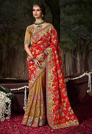 Half N Half Art Silk Scalloped Saree in Red and Mustard
