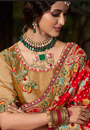 Half N Half Art Silk Scalloped Saree in Red and Mustard