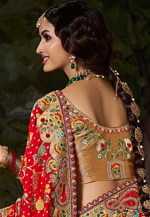 Half N Half Art Silk Scalloped Saree in Red and Mustard