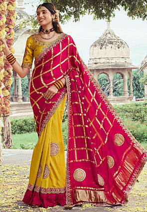 Half N Half Art Silk Saree in Red and Yellow