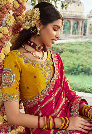 Half N Half Art Silk Saree in Red and Yellow