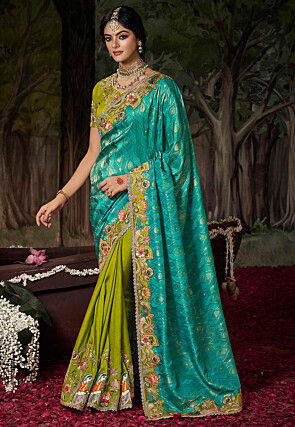 Half N Half Art Silk Scalloped Saree in Teal Blue and Light Green