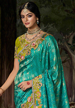 Half N Half Art Silk Scalloped Saree in Teal Blue and Light Green