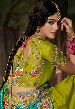 Half N Half Art Silk Scalloped Saree in Teal Blue and Light Green