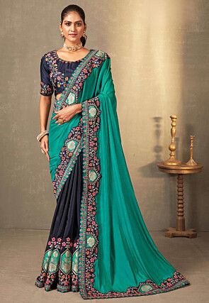 Half N Half Art Silk Saree in Teal Green and Navy Blue