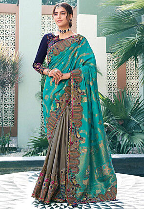 Light blue pure-silk half-saree with zari designs, contrast border & blouse  of traditional designs & intricate dhavani