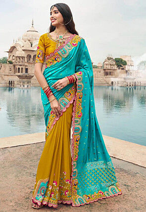 Half N Half Art Silk Saree in Turquoise and Mustard 