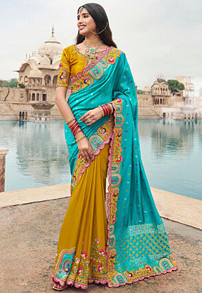 Half N Half Art Silk Saree in Turquoise and Mustard