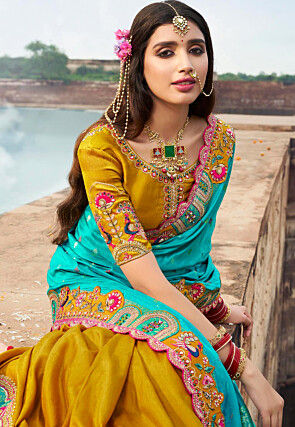 Half N Half Art Silk Saree in Turquoise and Mustard