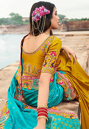 Half N Half Art Silk Saree in Turquoise and Mustard