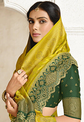 Half N Half Art Silk Saree in Yellow and Dark Green