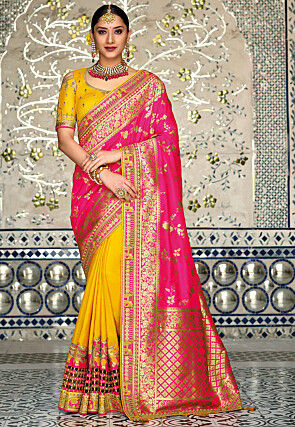 Half N Half Art Silk Saree in Yellow and Pink