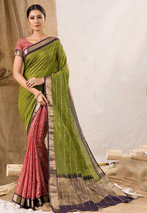 Half N Half Chanderi Silk Saree in Olive Green and Red