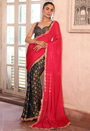 Half n Half Chiffon Saree in Fuchsia and Dark Blue
