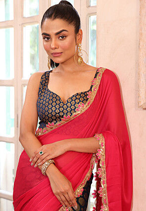 Half n Half Chiffon Saree in Fuchsia and Dark Blue