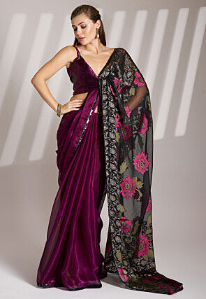 Half N Half Chiffon Brasso Saree in Wine