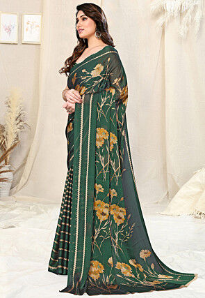 Half N Half Chiffon Saree in Dark Green