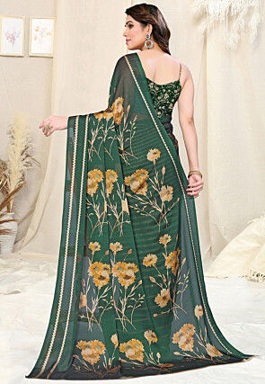 Half N Half Chiffon Saree in Dark Green