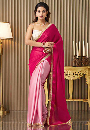 Half N Half Chiffon Saree in Fuchsia and Pink