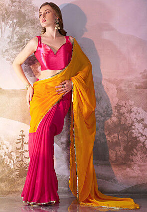 Half N Half Chiffon Saree in Fuchsia and Yellow