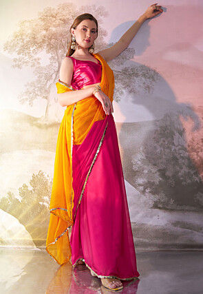 Half N Half Chiffon Saree in Fuchsia and Yellow